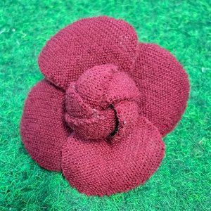 CHANEL Red Bordeaux Wool Camellia Flower Floral Brooch Pin